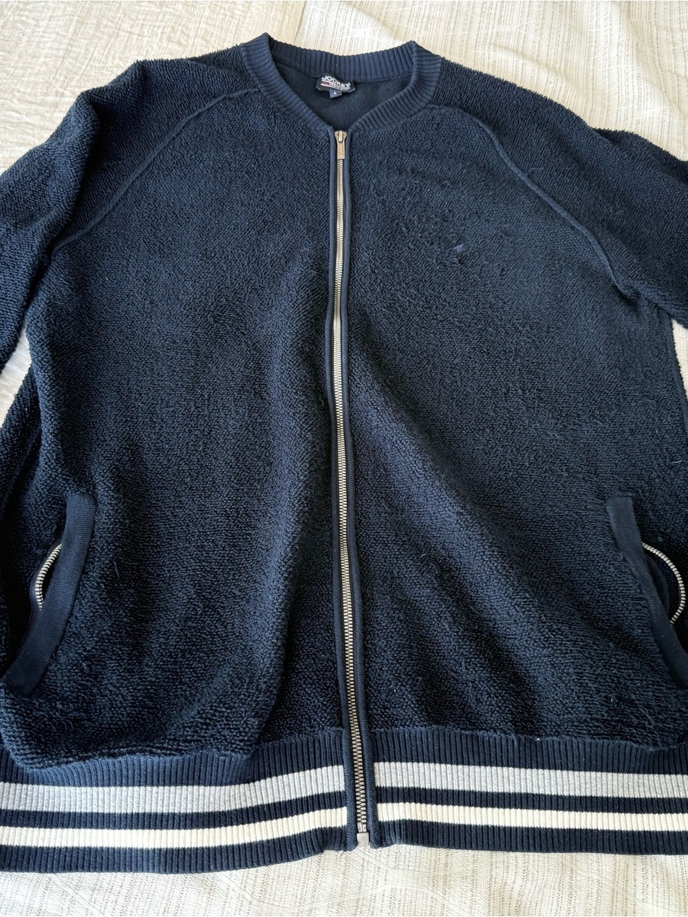 Jockey Men's Navy Full-Zip Sherpa Jacket with Striped Hem